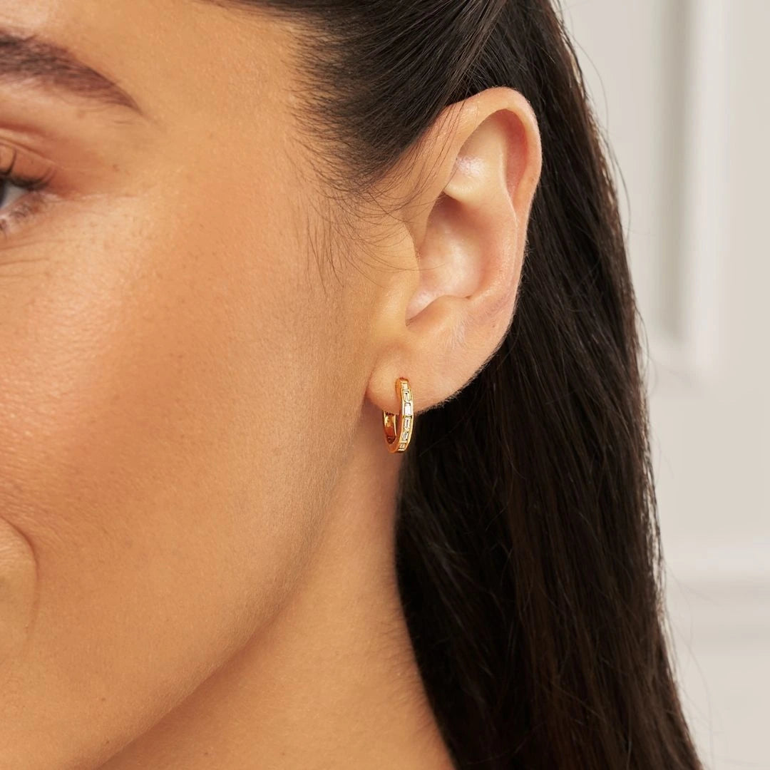 Gold Diamond Style Baguette Pearl Drop Hoop Earrings