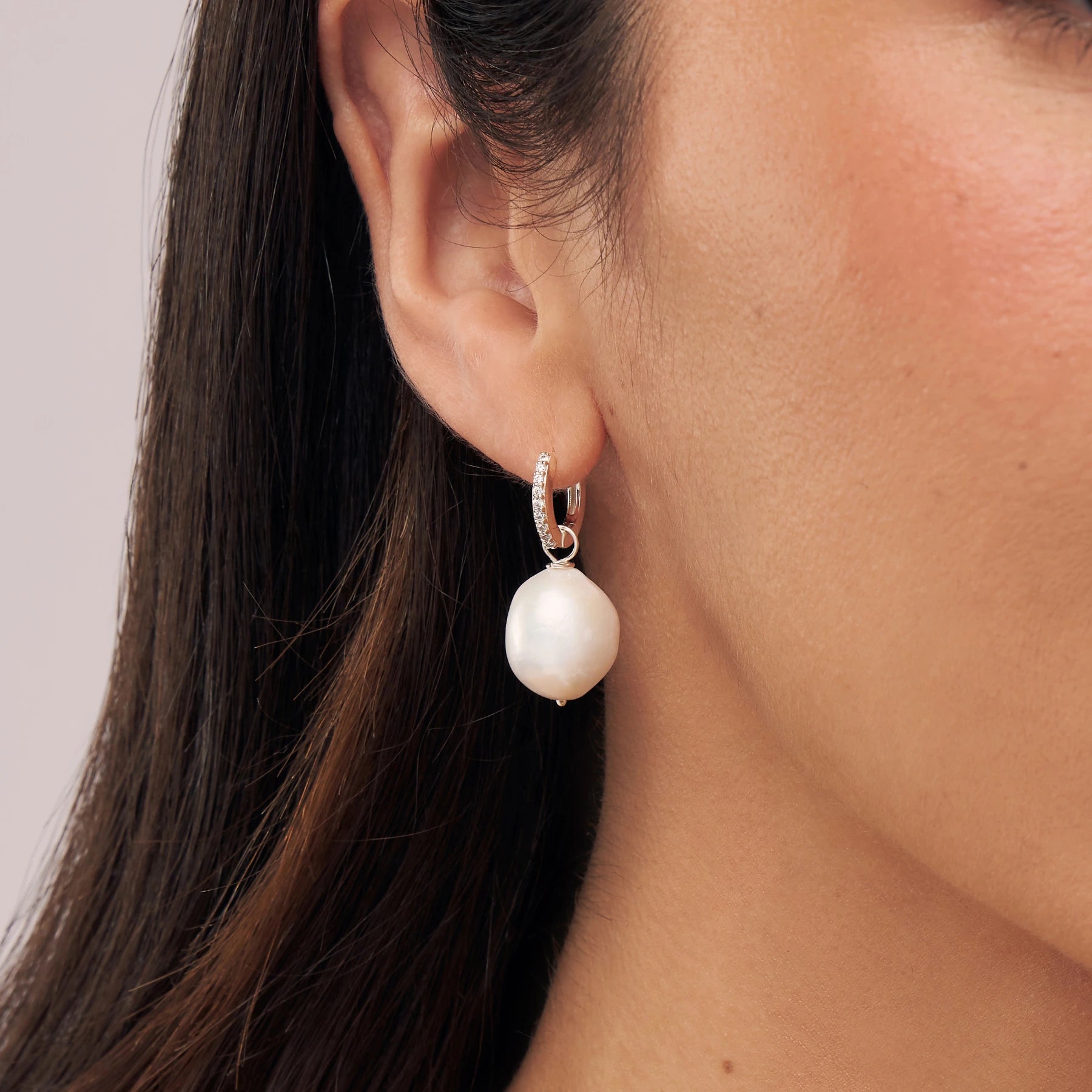 Silver Diamond Style Slim Baroque Pearl Drop Huggie Hoop Earrings