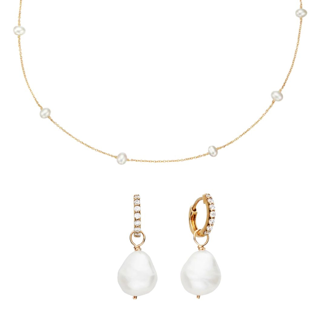 Gold Pearl Drop Huggies and Ten Pearl Choker Gift Set