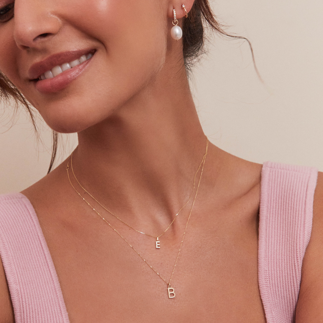 Solid White Gold Genuine Diamond Initial Letter Necklace