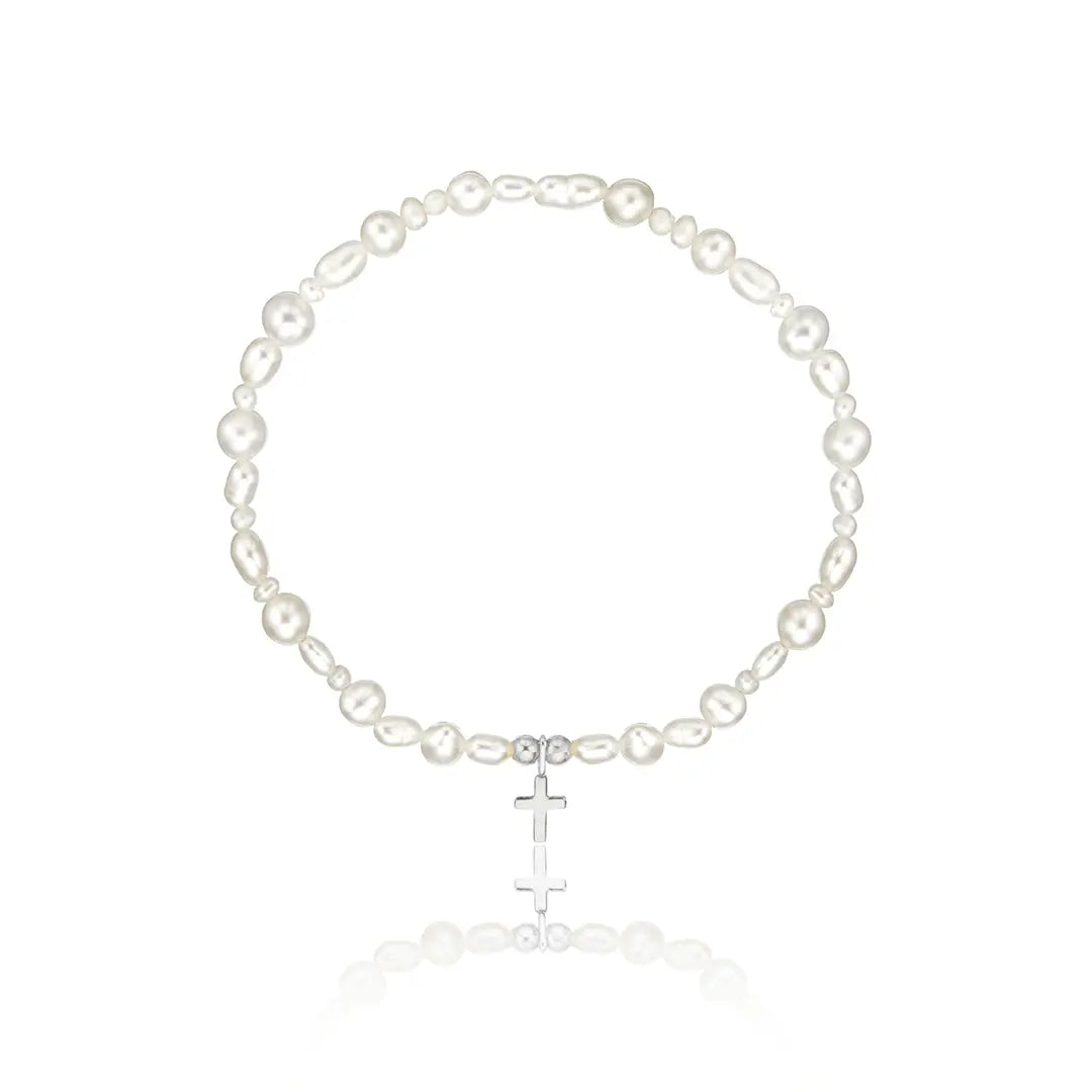 Silver Children's Pearl Tiny Cross Bracelet