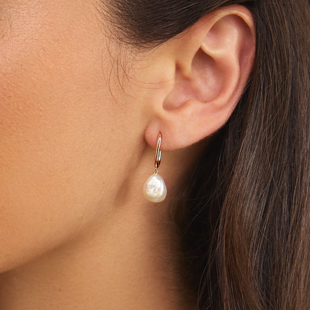 Silver Squared Hoop Baroque Pearl Drop Earrings