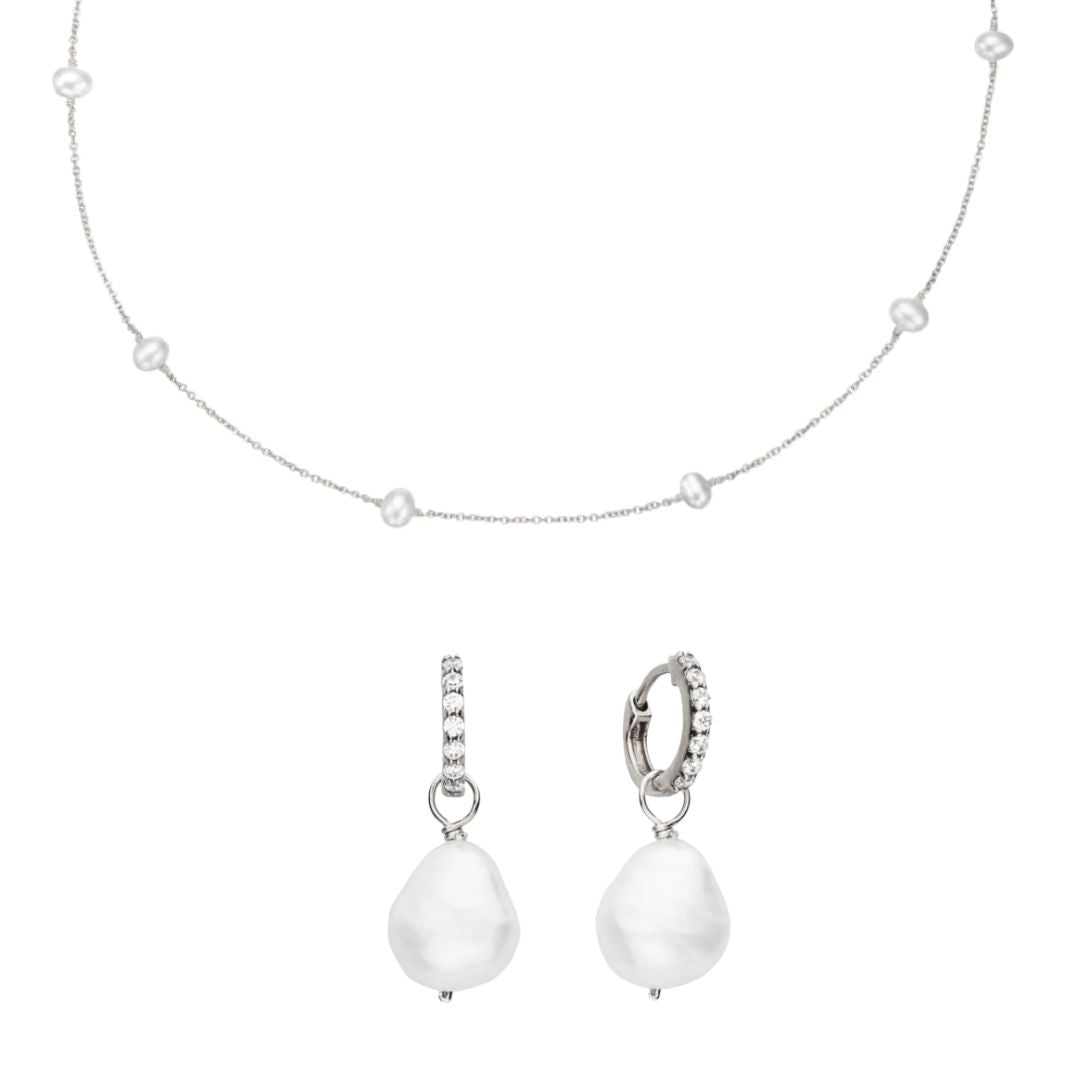 Silver Pearl Drop Huggies and Ten Pearl Choker Gift Set