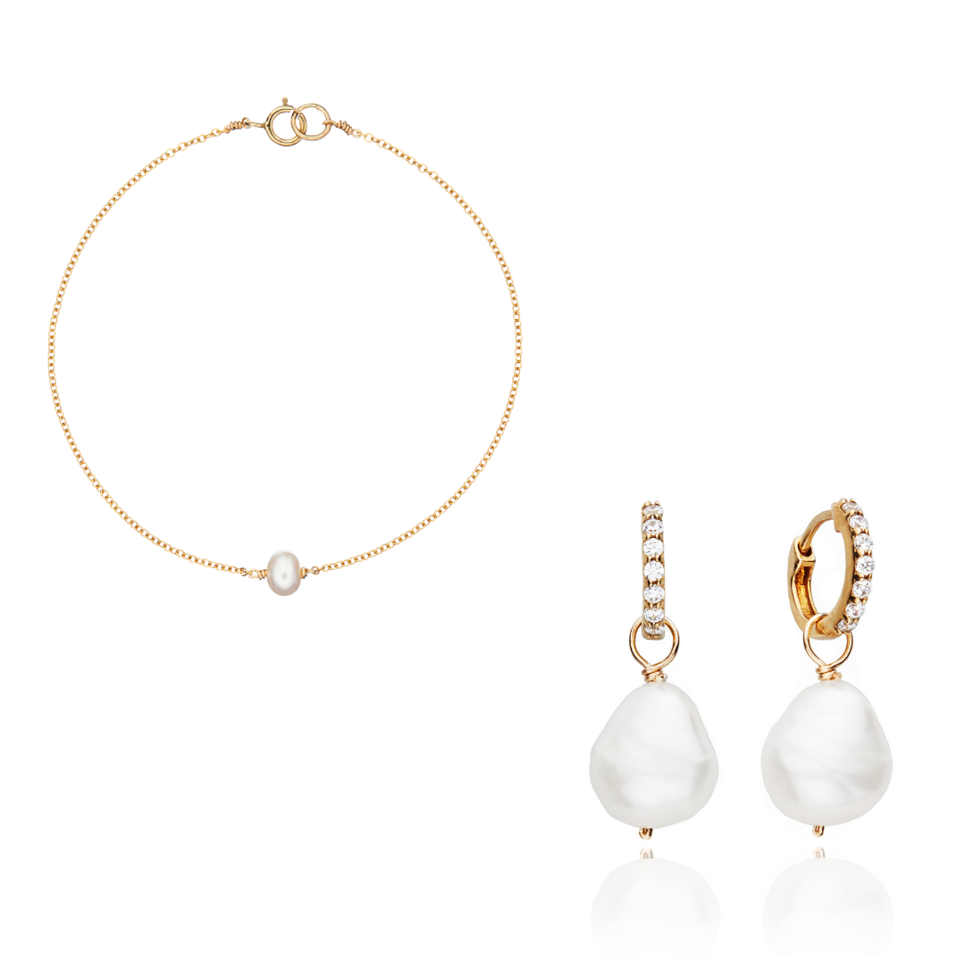 Gold Pearl Drop Huggies and Single Pearl Bracelet Set