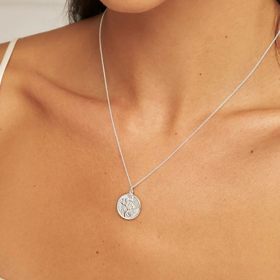 Silver Medium Round St Christopher Necklace