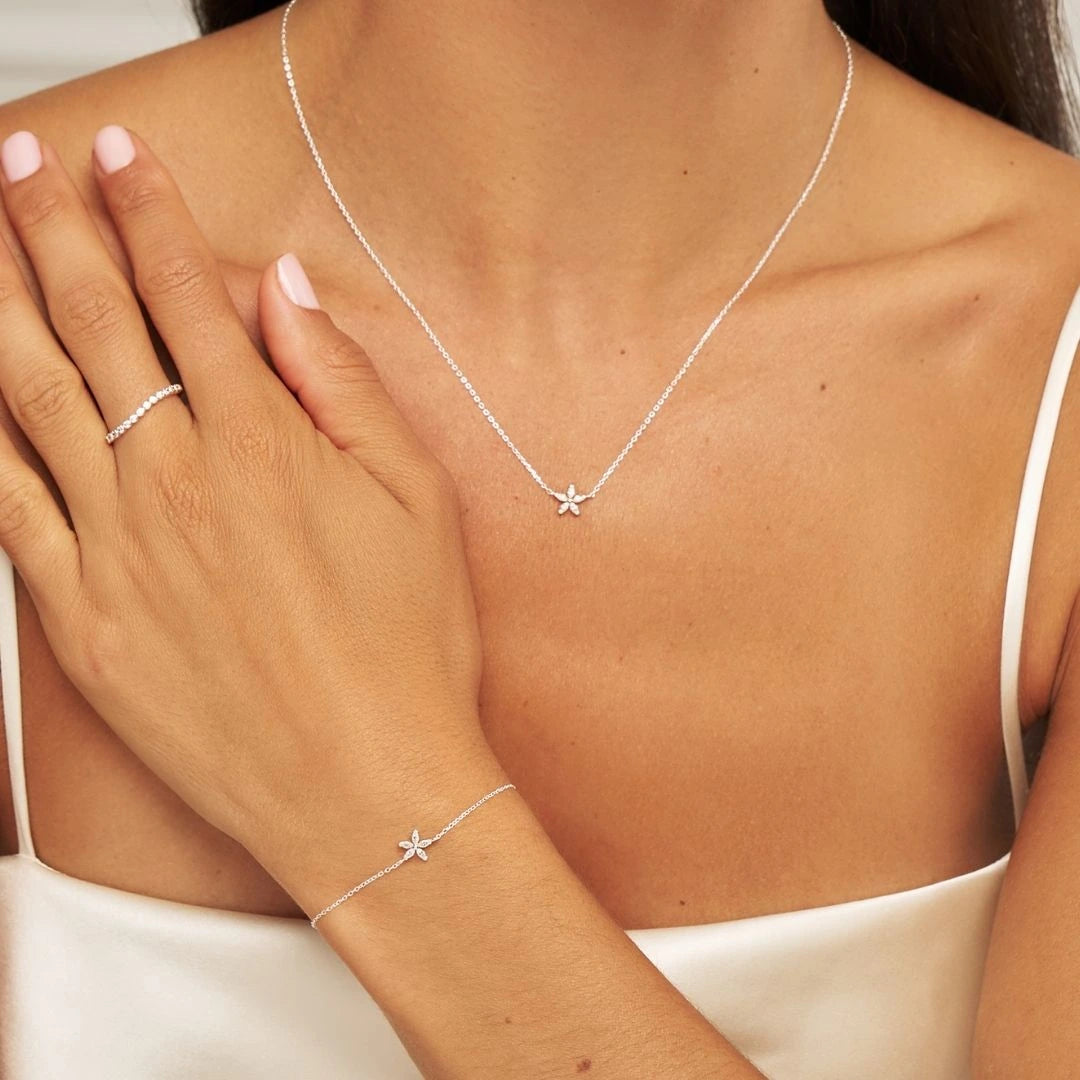 Silver Diamond Style Flower Necklace