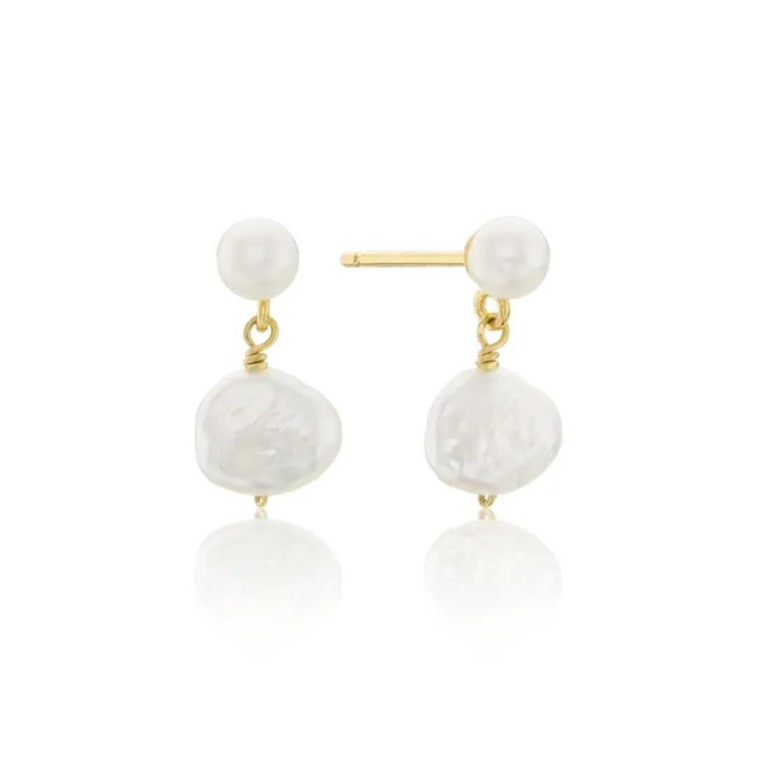 Gold Double Baroque Pearl Drop Stud Earrings