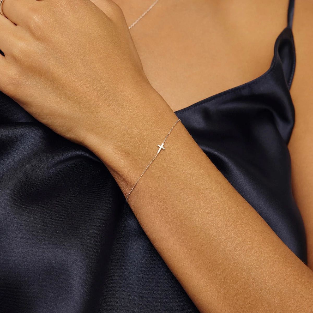 Solid White Gold Tiny Cross Bracelet