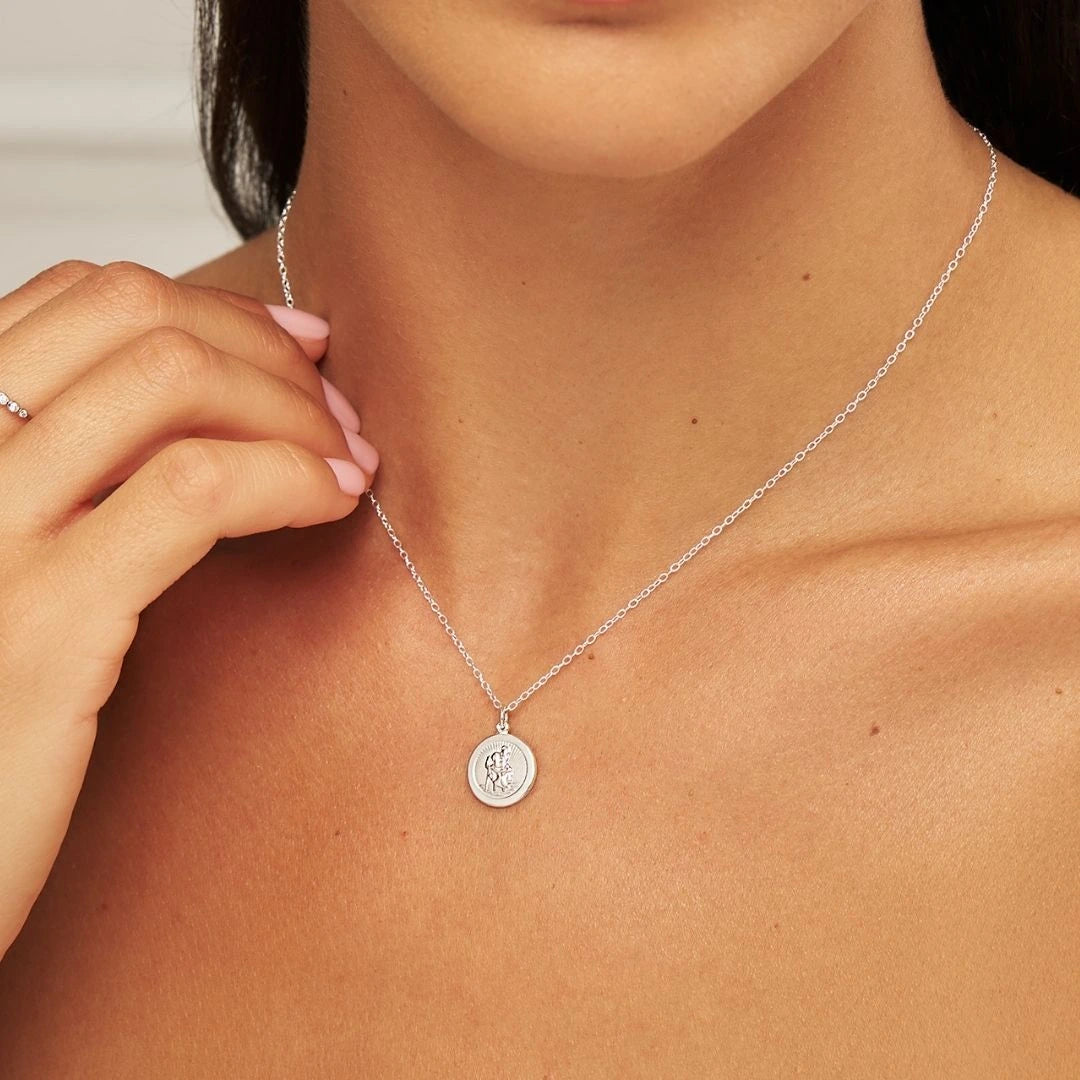 Silver Small Round St Christopher Medallion Necklace