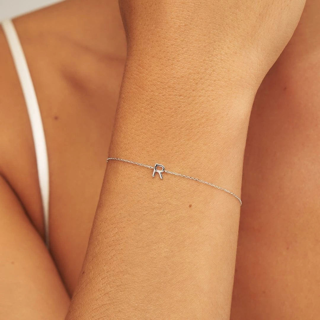 Solid White Gold Miniature Initial Letter Bracelet