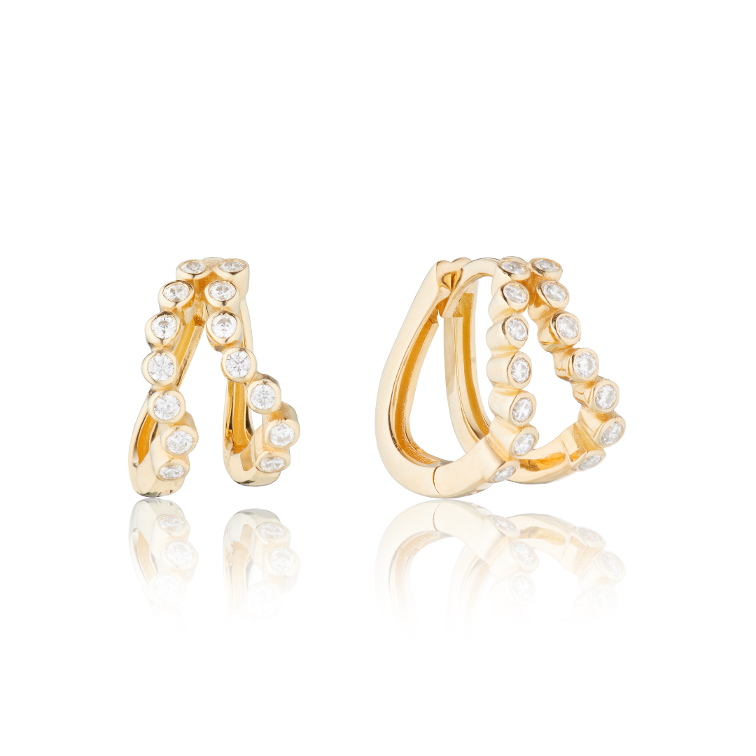 Gold Double Diamond Style Wave Huggie Hoops Earrings