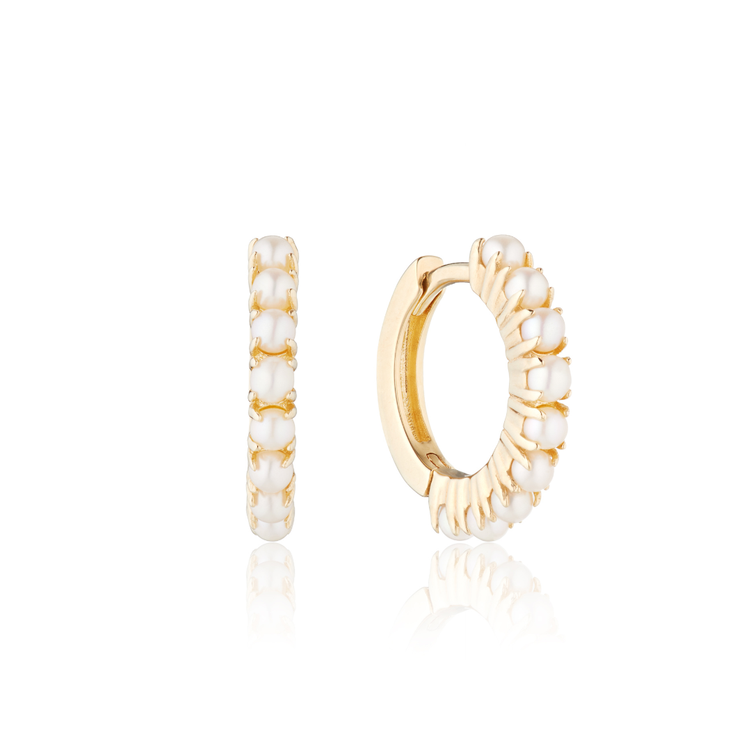 Gold Pearl Row Huggie Hoop Earrings