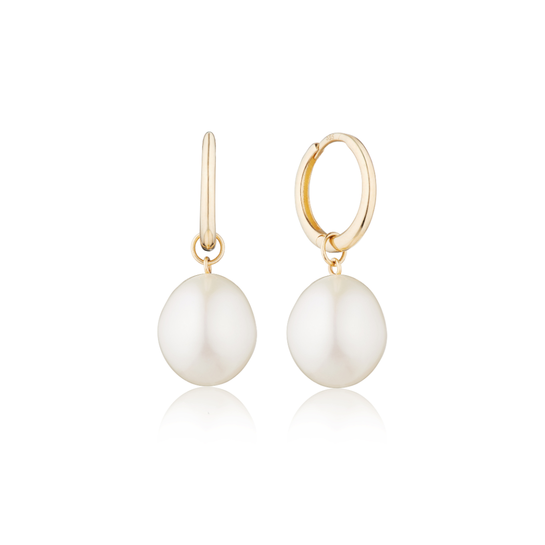 Gold Round Pearl Drop Huggie Hoop Earrings