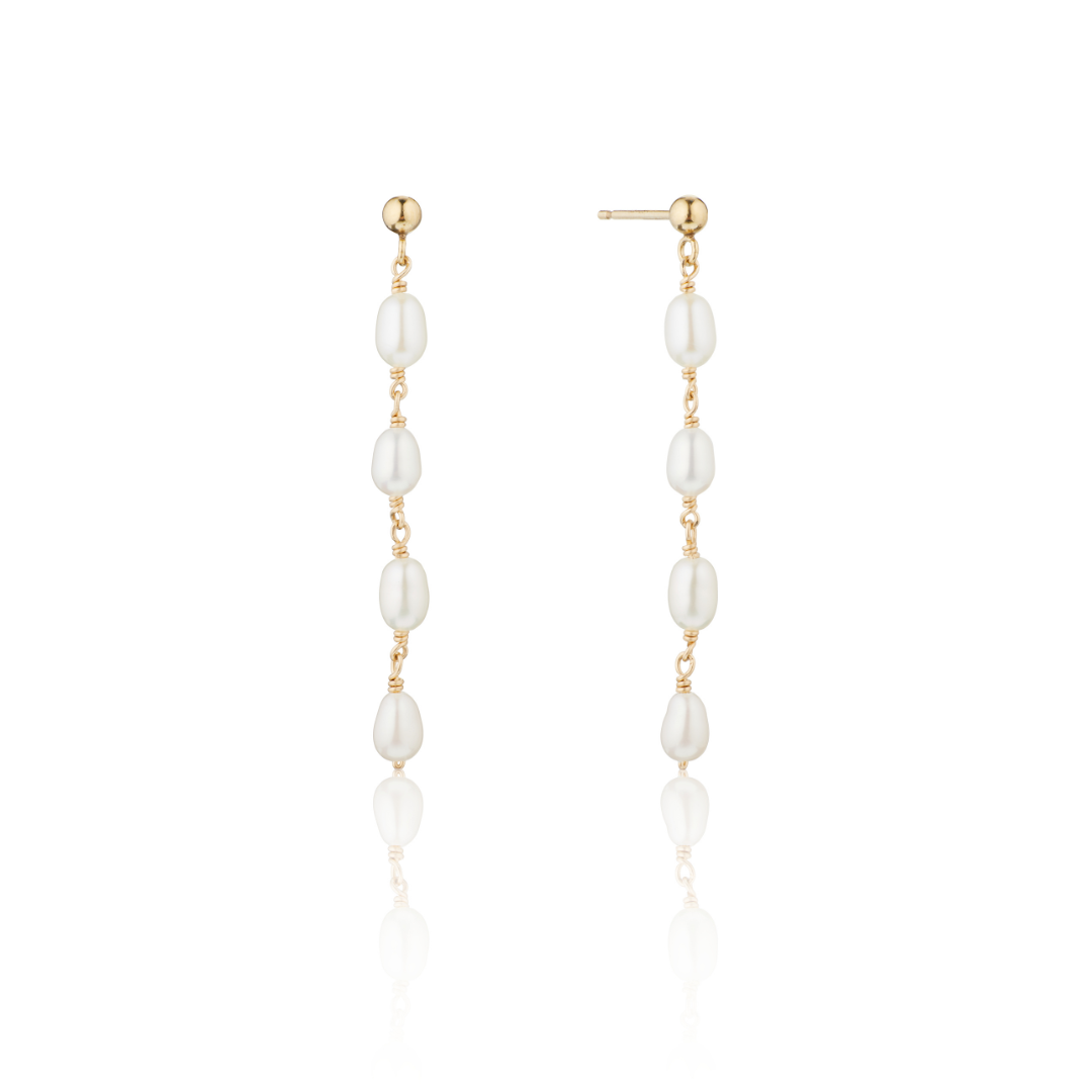 Gold Four Seed Pearl Drop Earrings