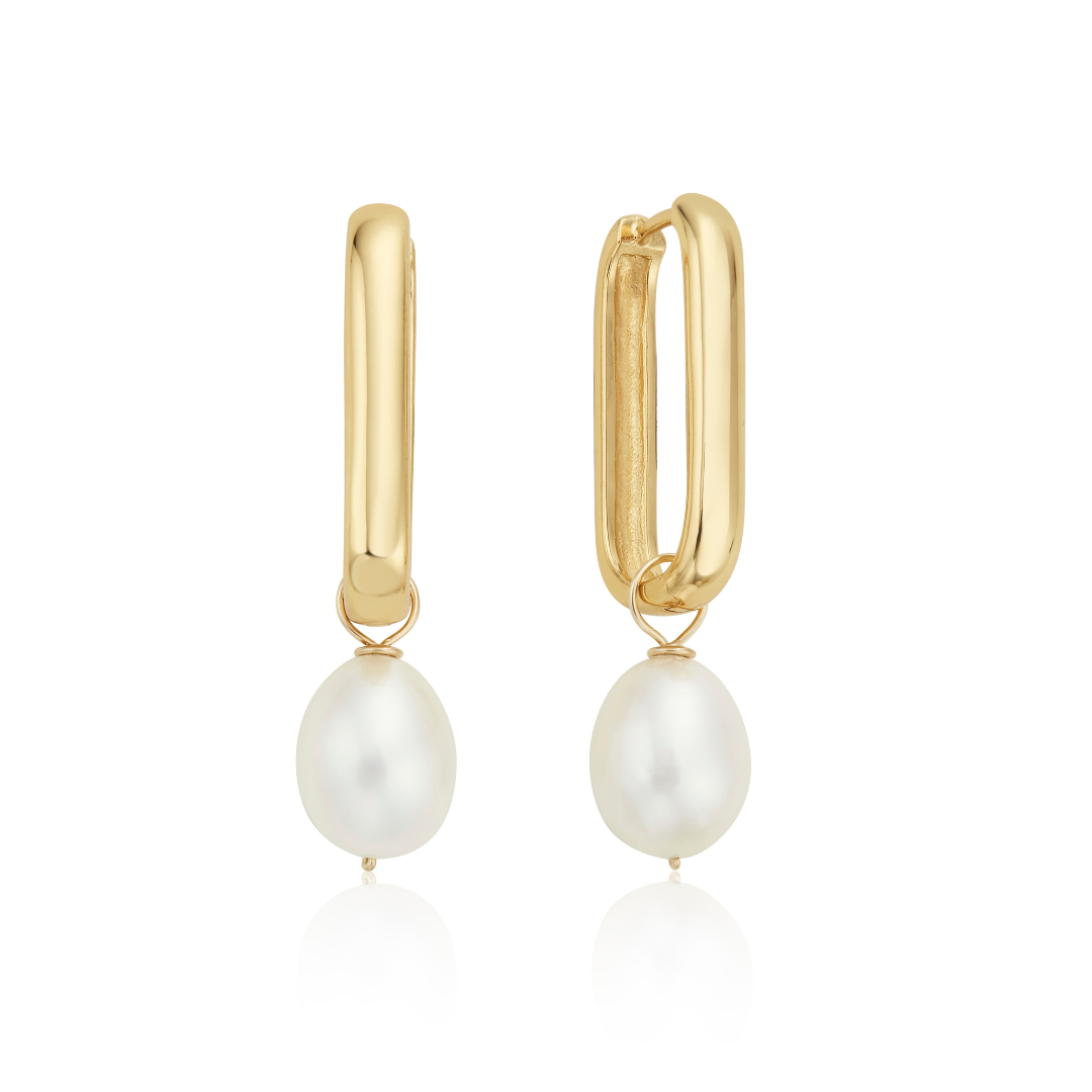 Gold Large Plain Pearl Drop Hoop Earrings