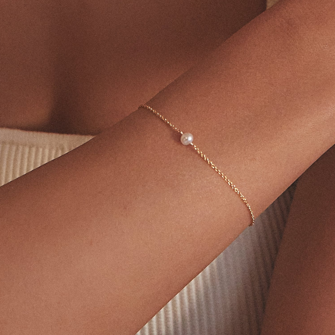 Gold Pearl Drop Huggies and Single Pearl Bracelet Set