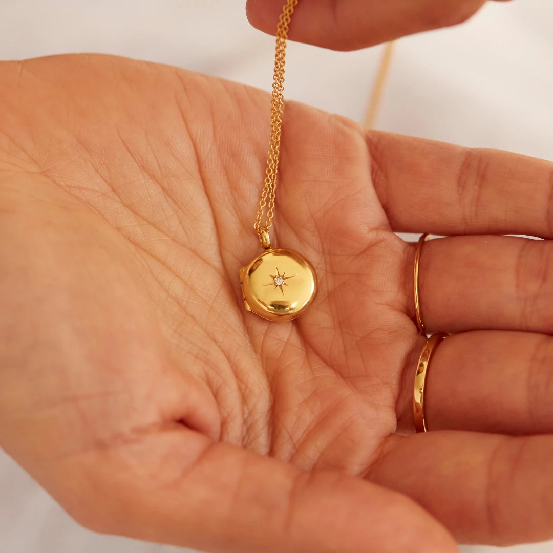 Gold Small Round Diamond Locket Necklace
