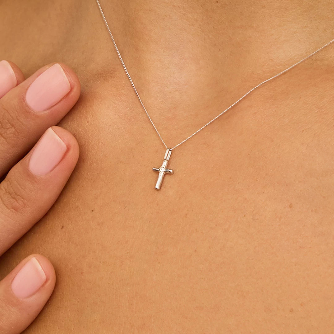 Solid White Gold Single Genuine Diamond Tiny Cross Necklace