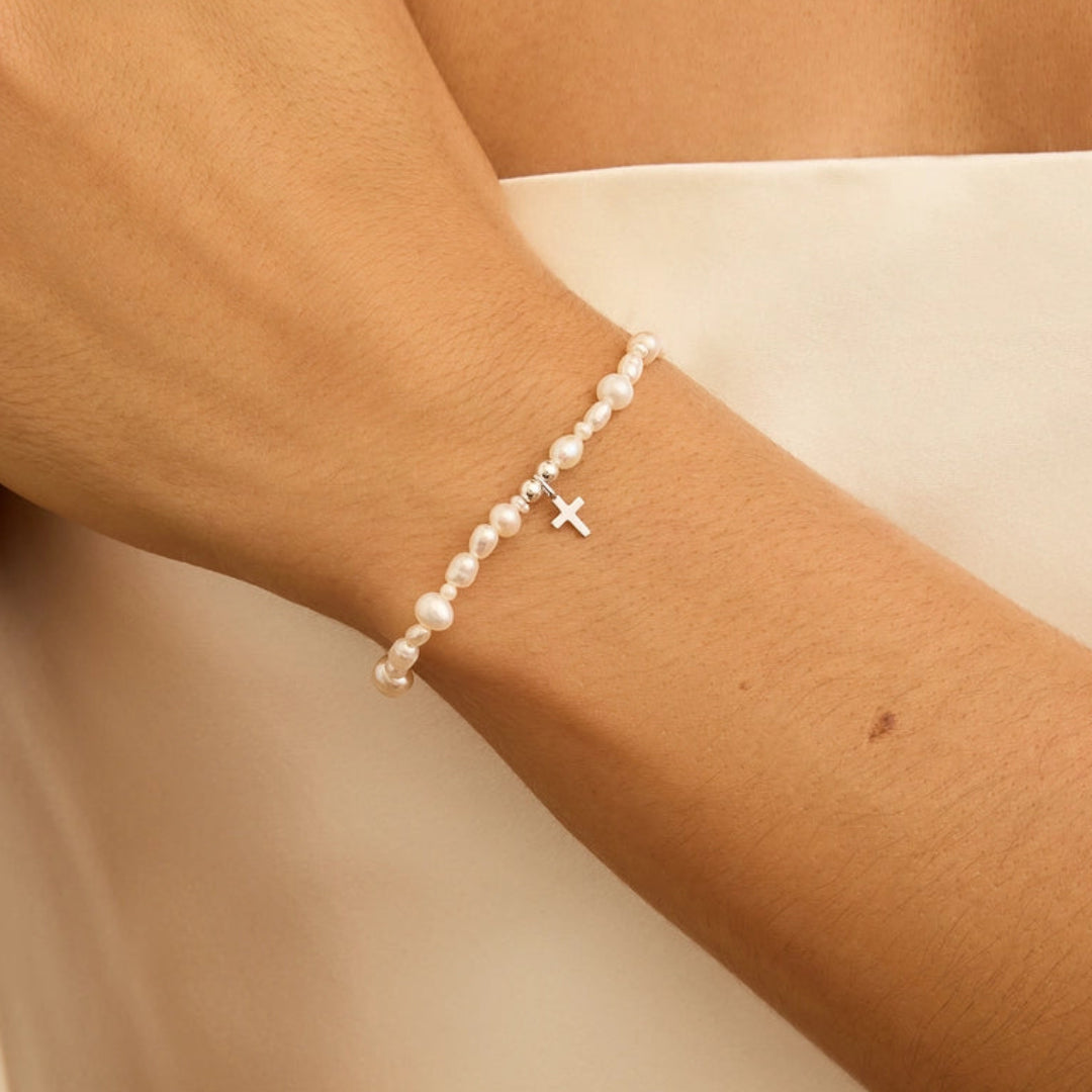 Silver Children's Pearl Tiny Cross Bracelet