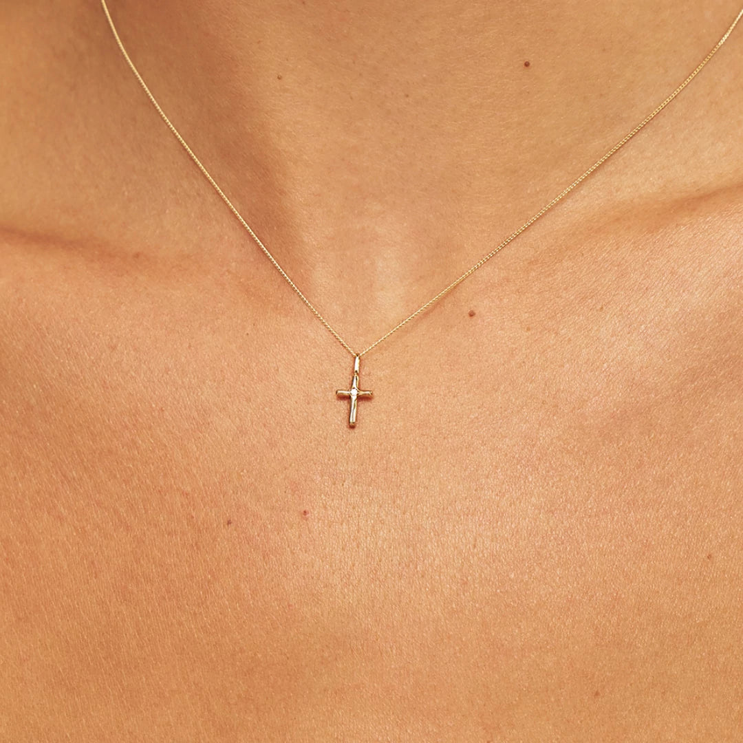Solid Gold Single Genuine Diamond Tiny Cross Necklace