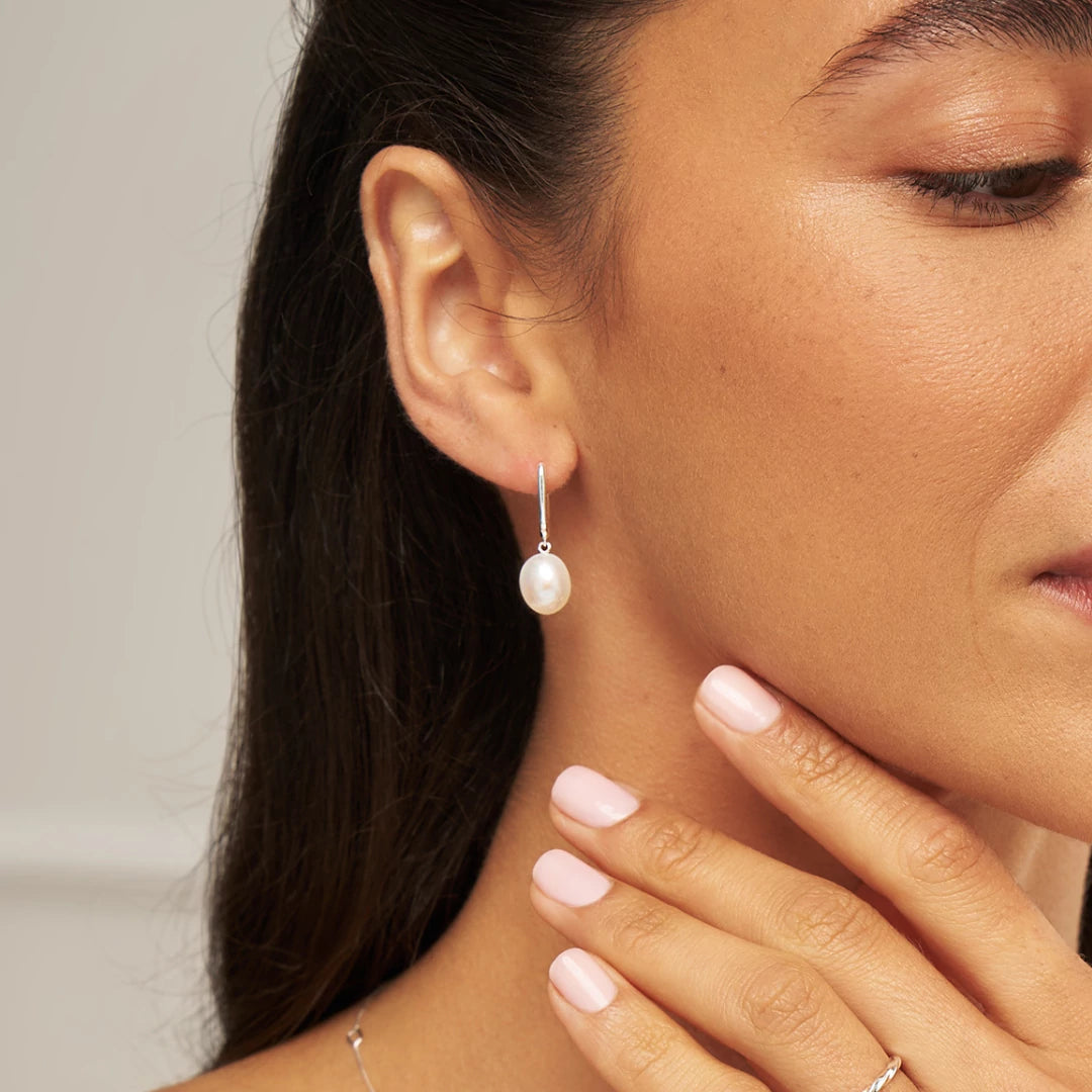 Silver Squared Hoop Baroque Pearl Drop Earrings