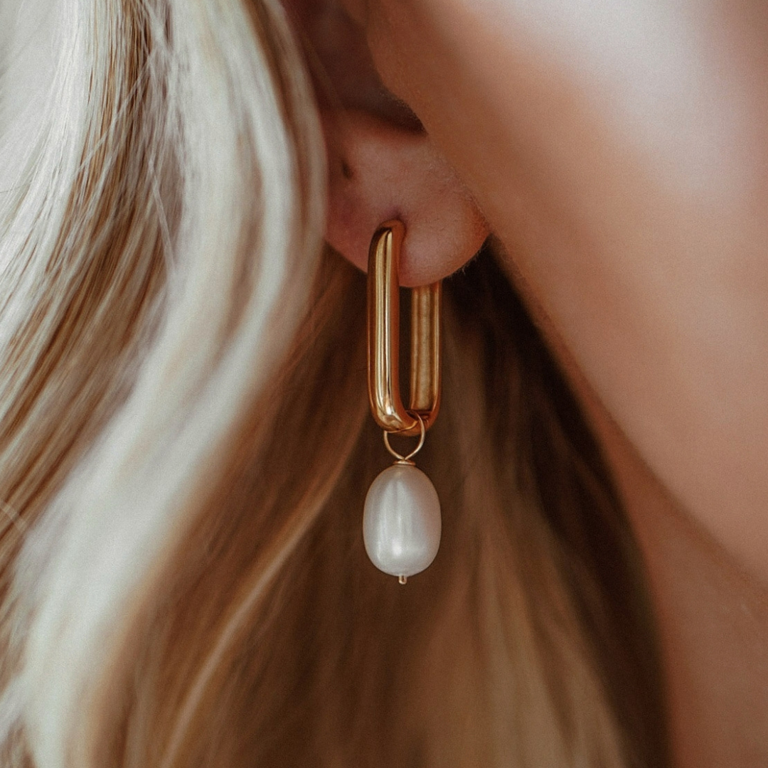 Gold Large Plain Pearl Drop Hoop Earrings