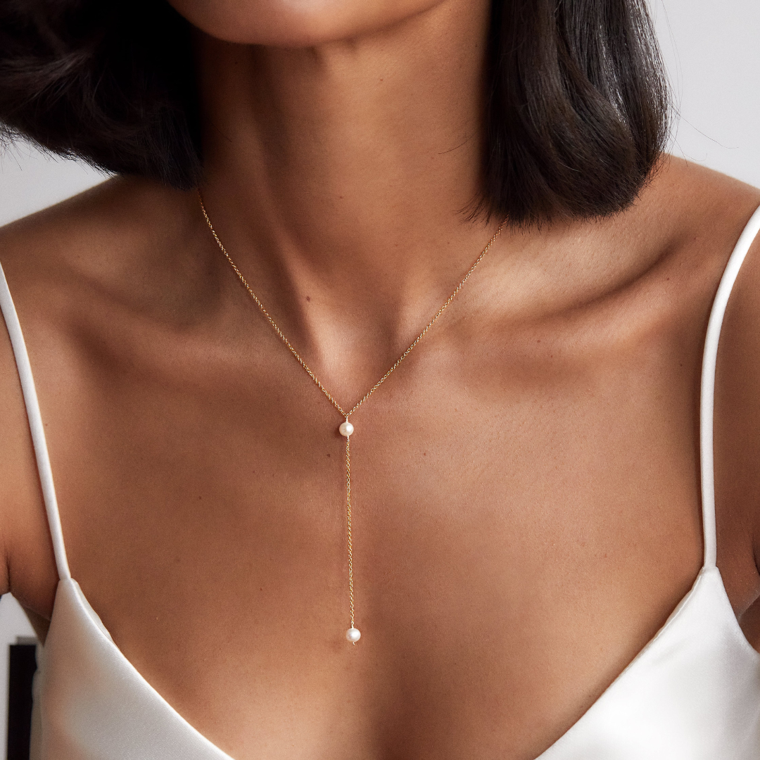 Gold Pearl Lariat Necklace