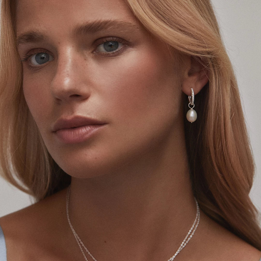 Silver Diamond Style Large Pearl Drop Hoop Earrings