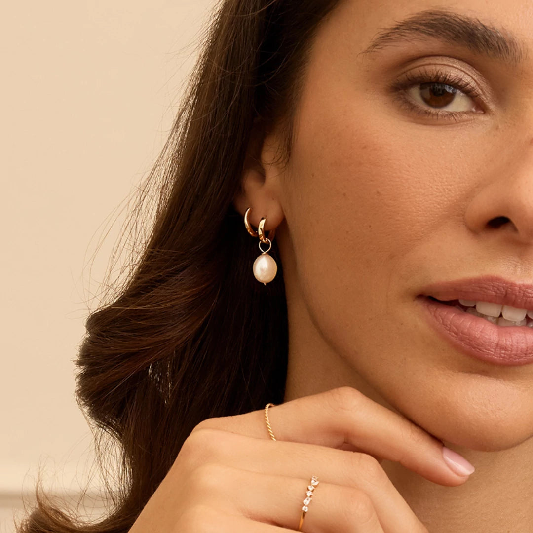Gold Plain Huggie Pearl Drop Hoop Earrings