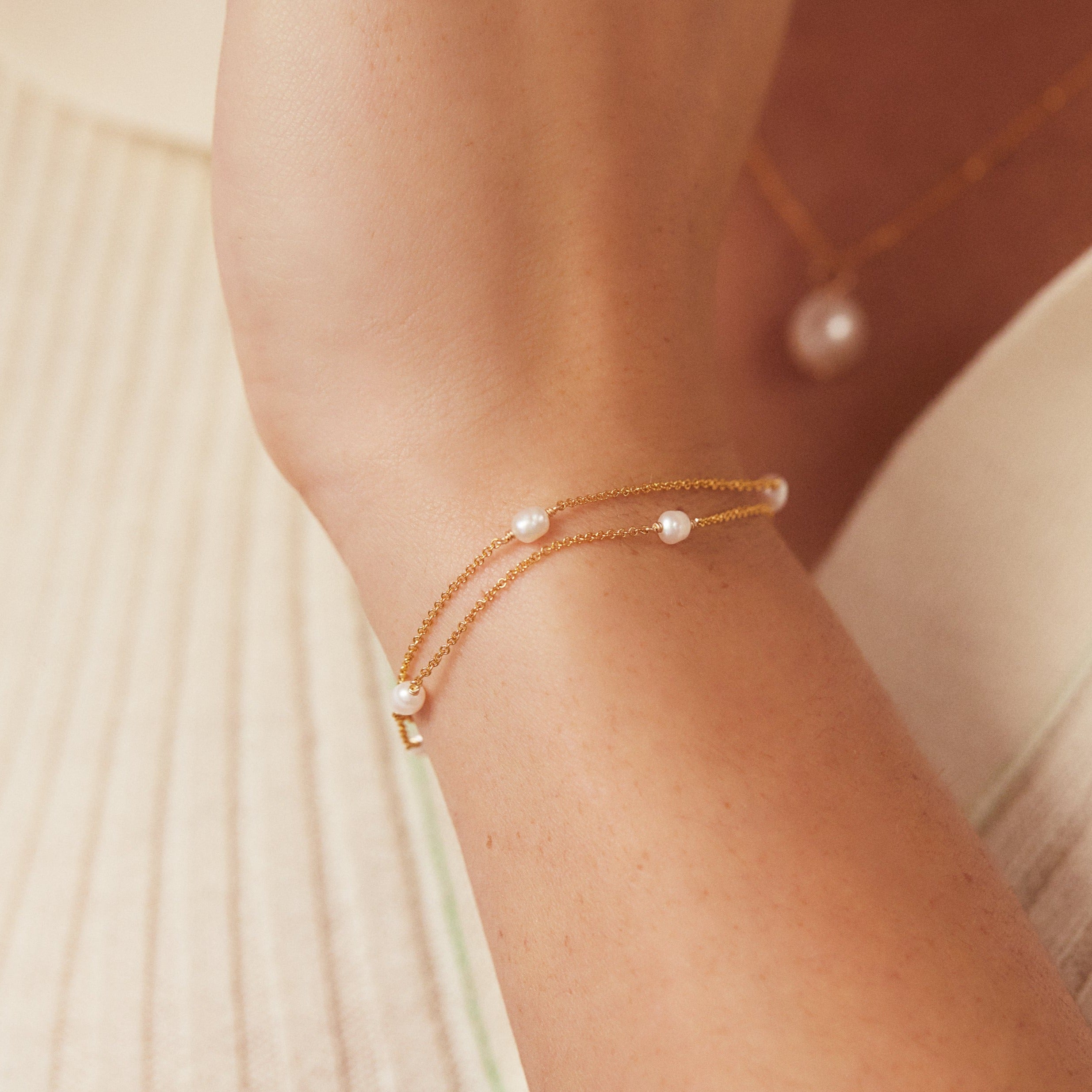 Solid White Gold Layered Seed Pearl Bracelet