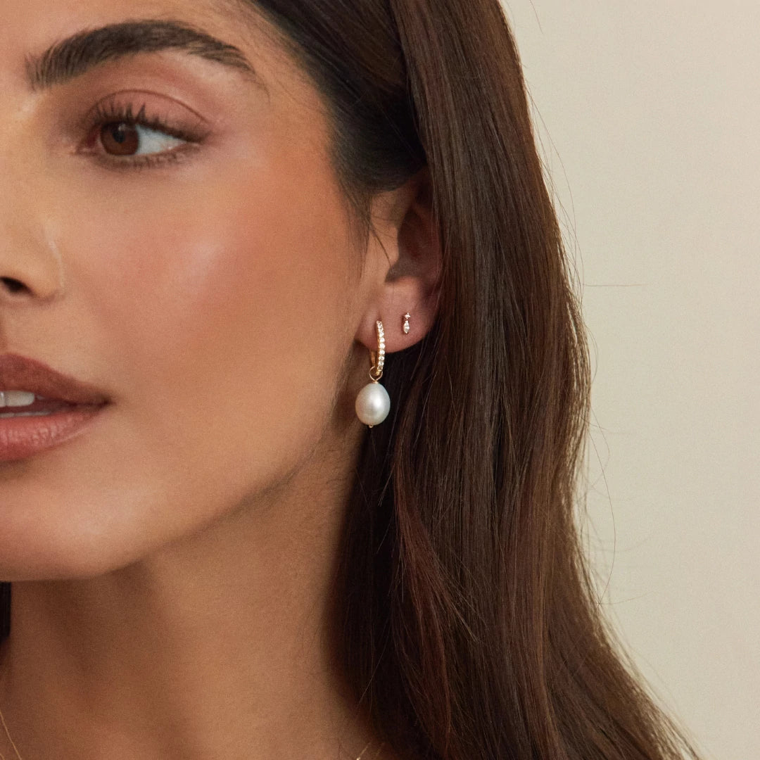 Gold Diamond Style Large Pearl Drop Hoop Earrings
