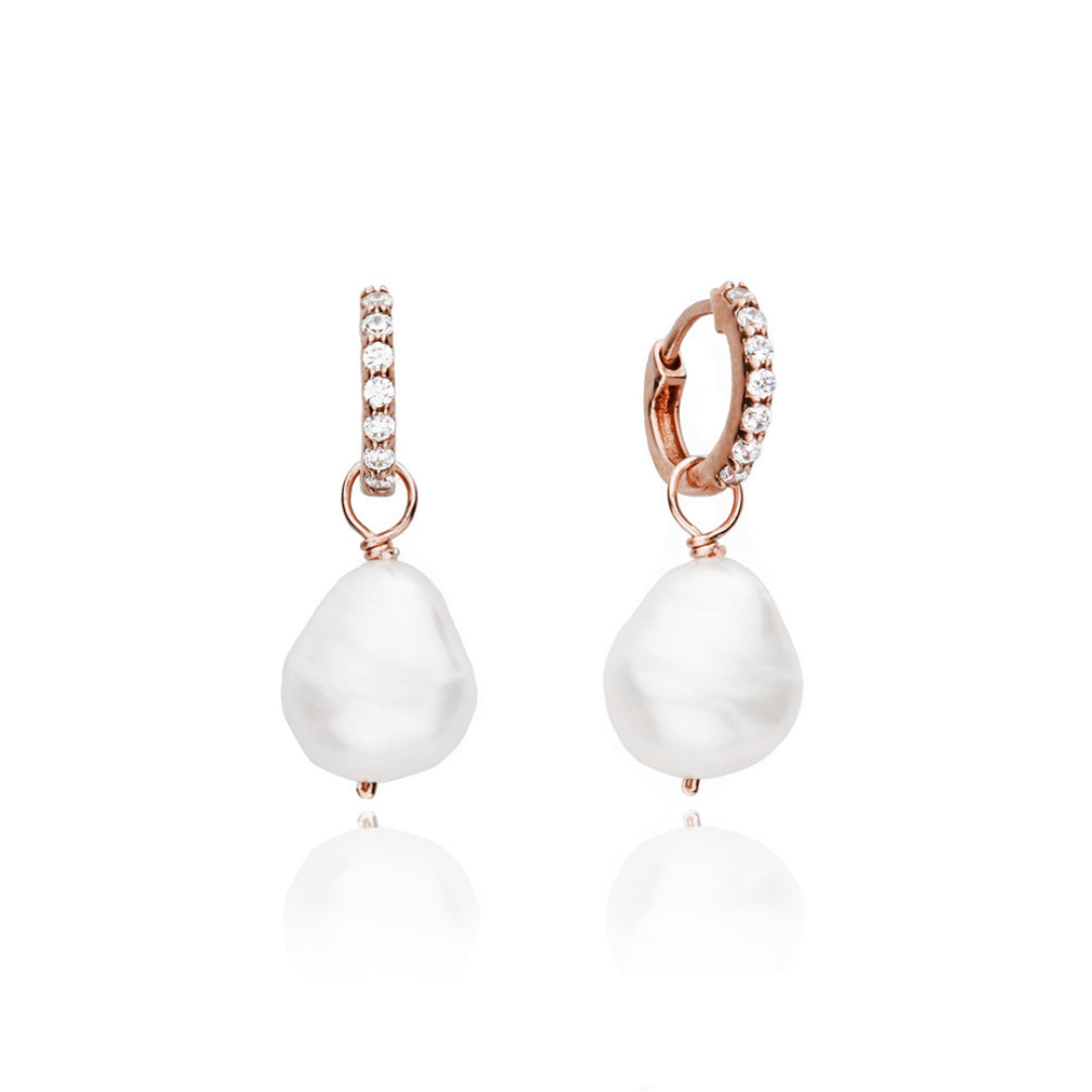 Rose Gold Huggie Pearl Drop Earrings