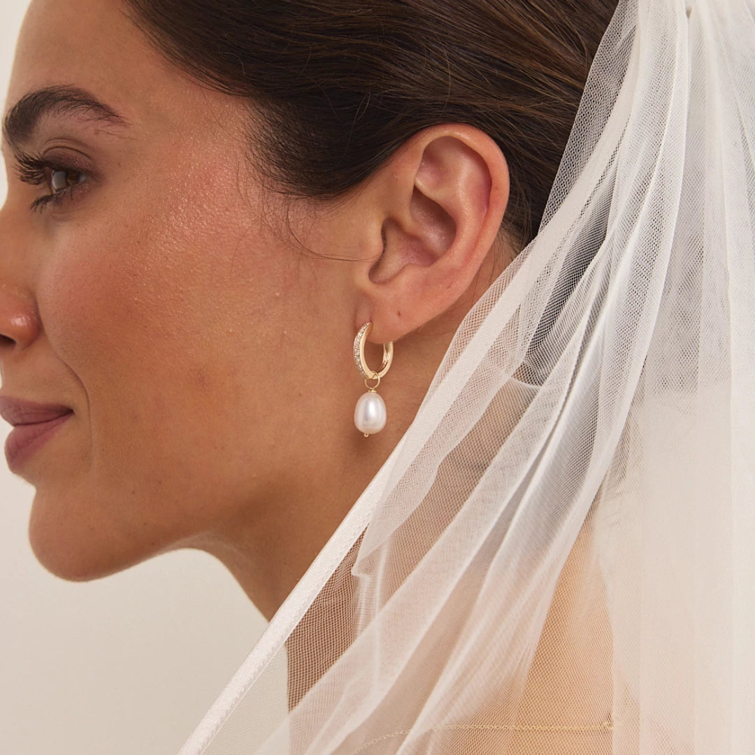 Gold Diamond Style Large Pearl Drop Hoop Earrings