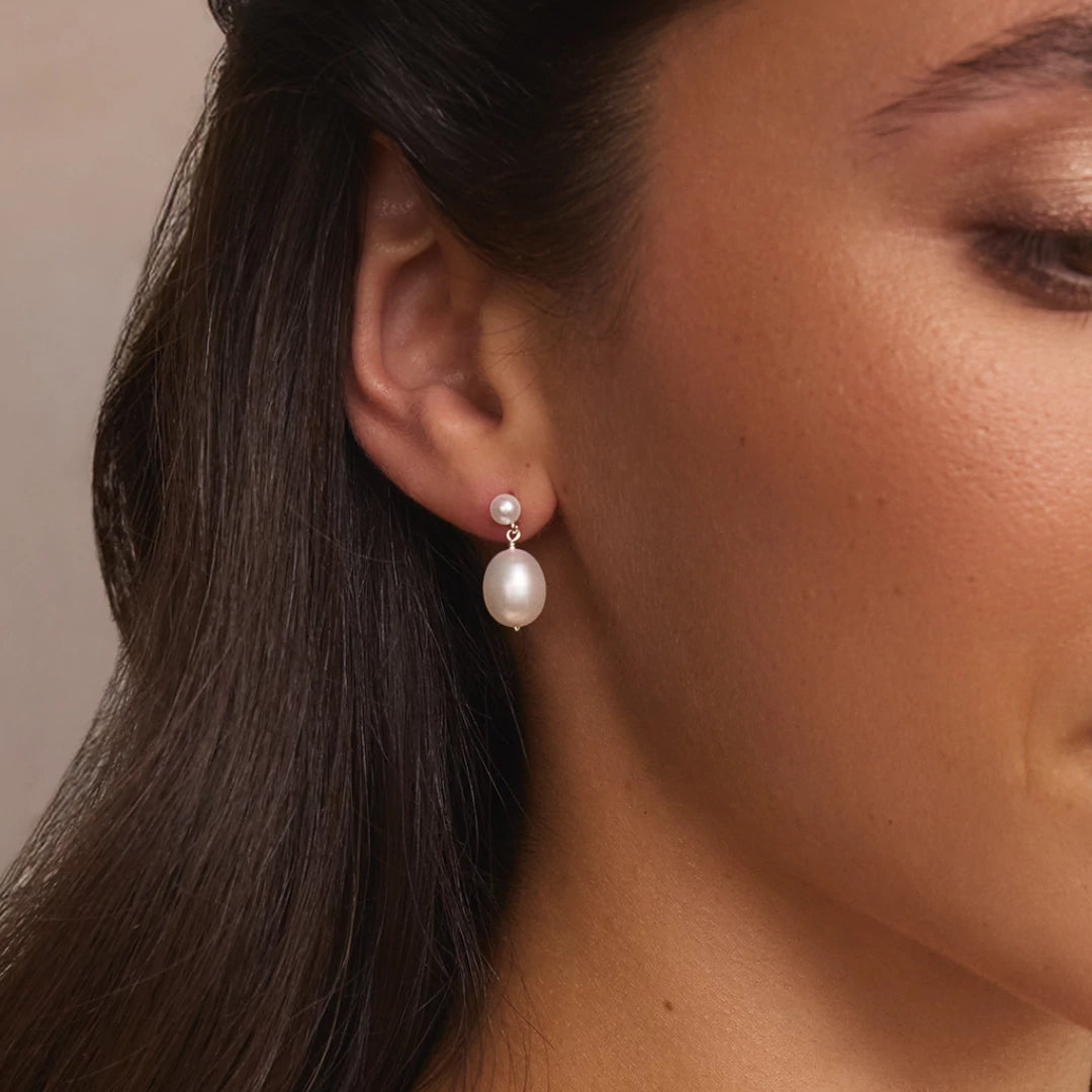 Silver Double Pearl Drop Stud Earrings