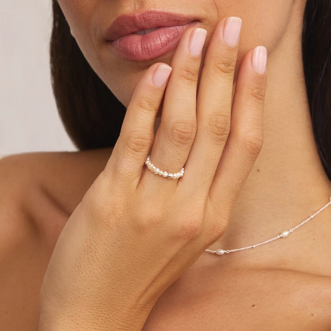 Silver Small Pearl Beaded Ring