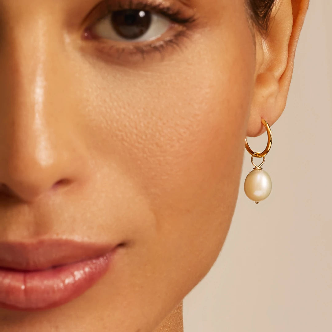 Solid Gold Large Pearl Drop Hoop Earrings