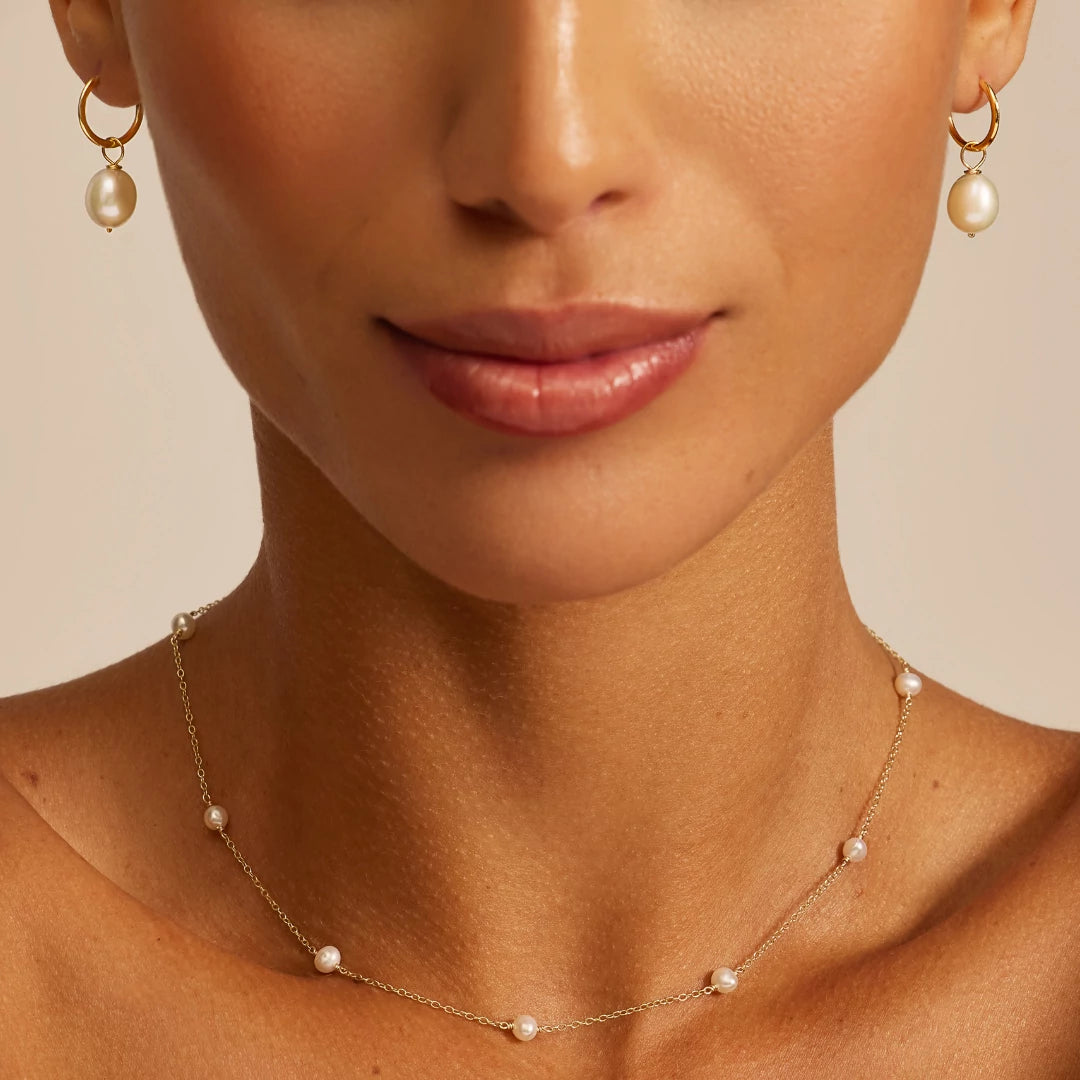 Solid Gold Large Pearl Drop Hoop Earrings