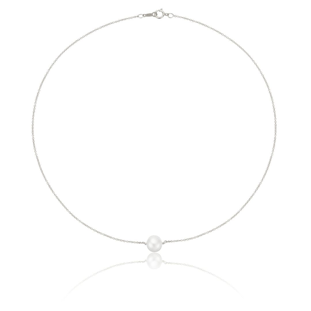 Solid White Gold Medium Single Pearl Choker