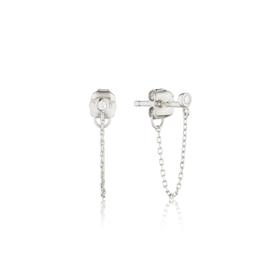 Silver Diamond Style Chain Stud Earrings