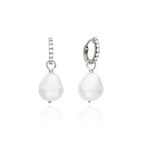 Silver Huggie Pearl Drop Earrings