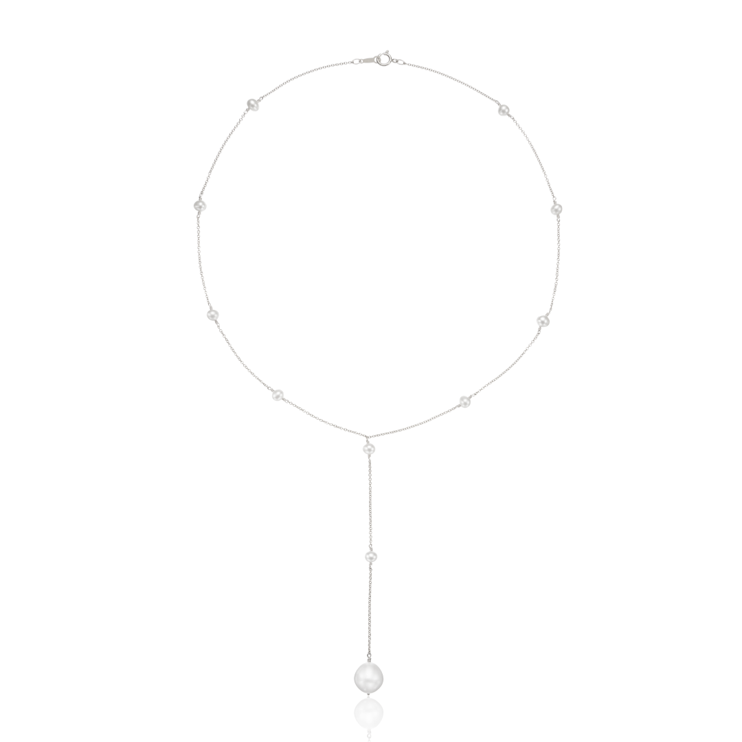 Solid White Gold Multi Pearl Lariat Necklace