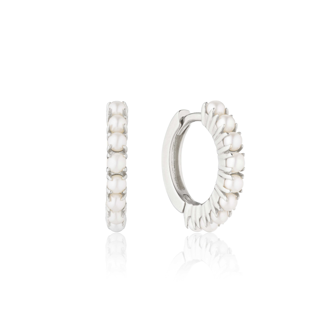 Silver Pearl Row Huggie Hoop Earrings