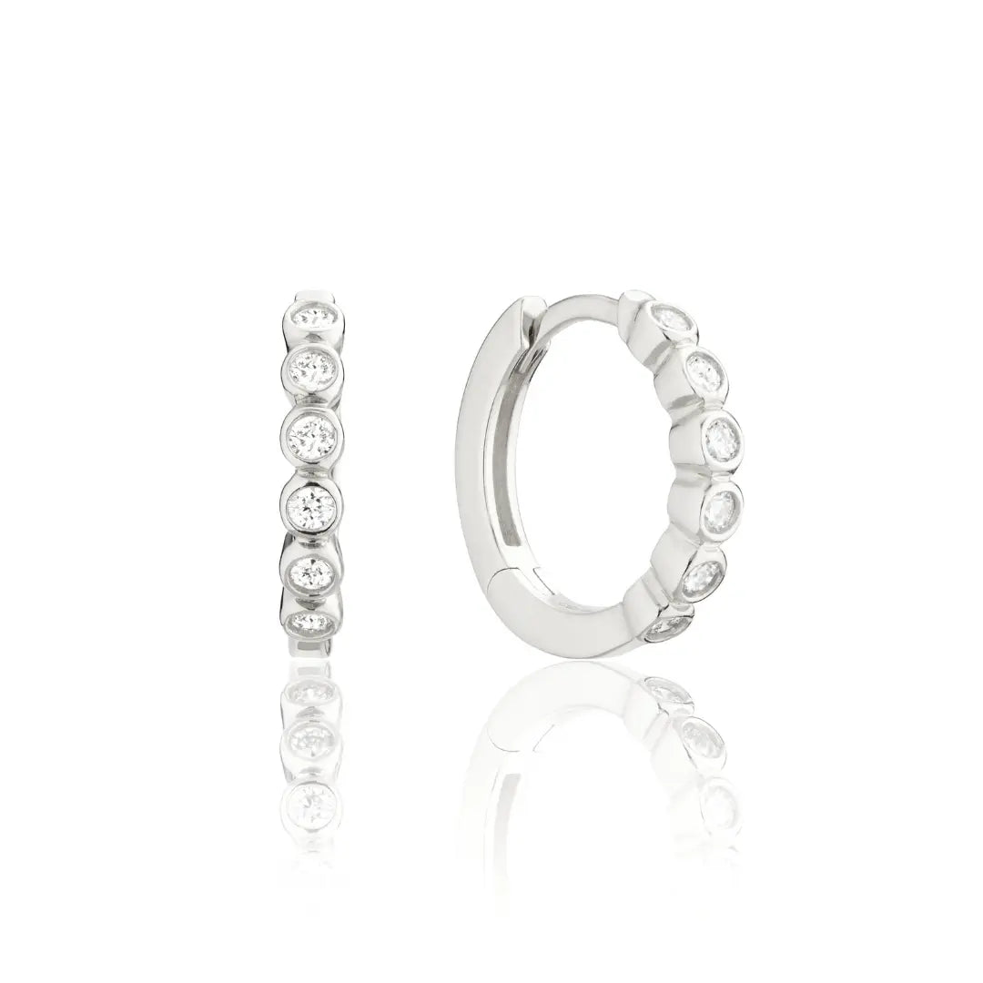 Silver Round Diamond Style Huggie Hoop Earrings