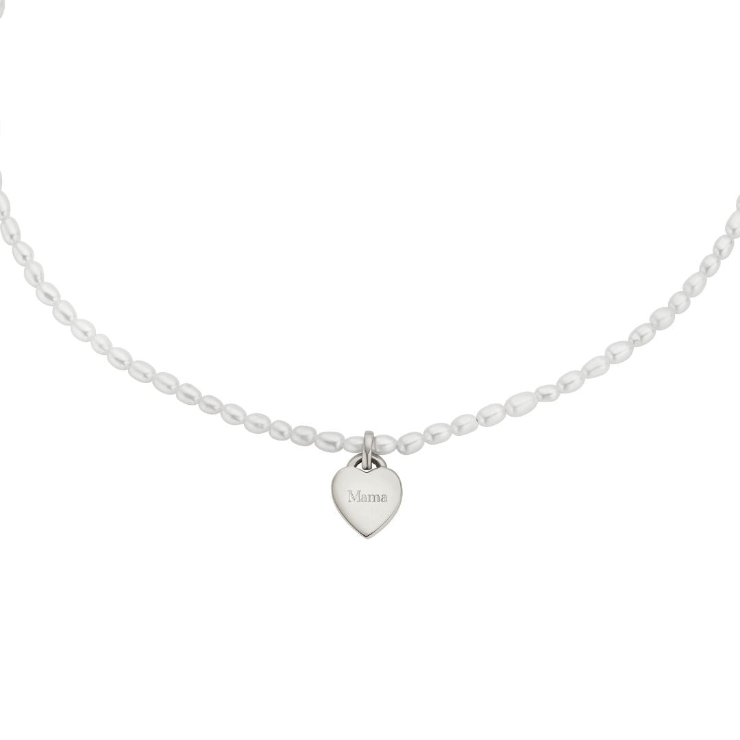 Silver Seed Pearl Engraved Heart Necklace