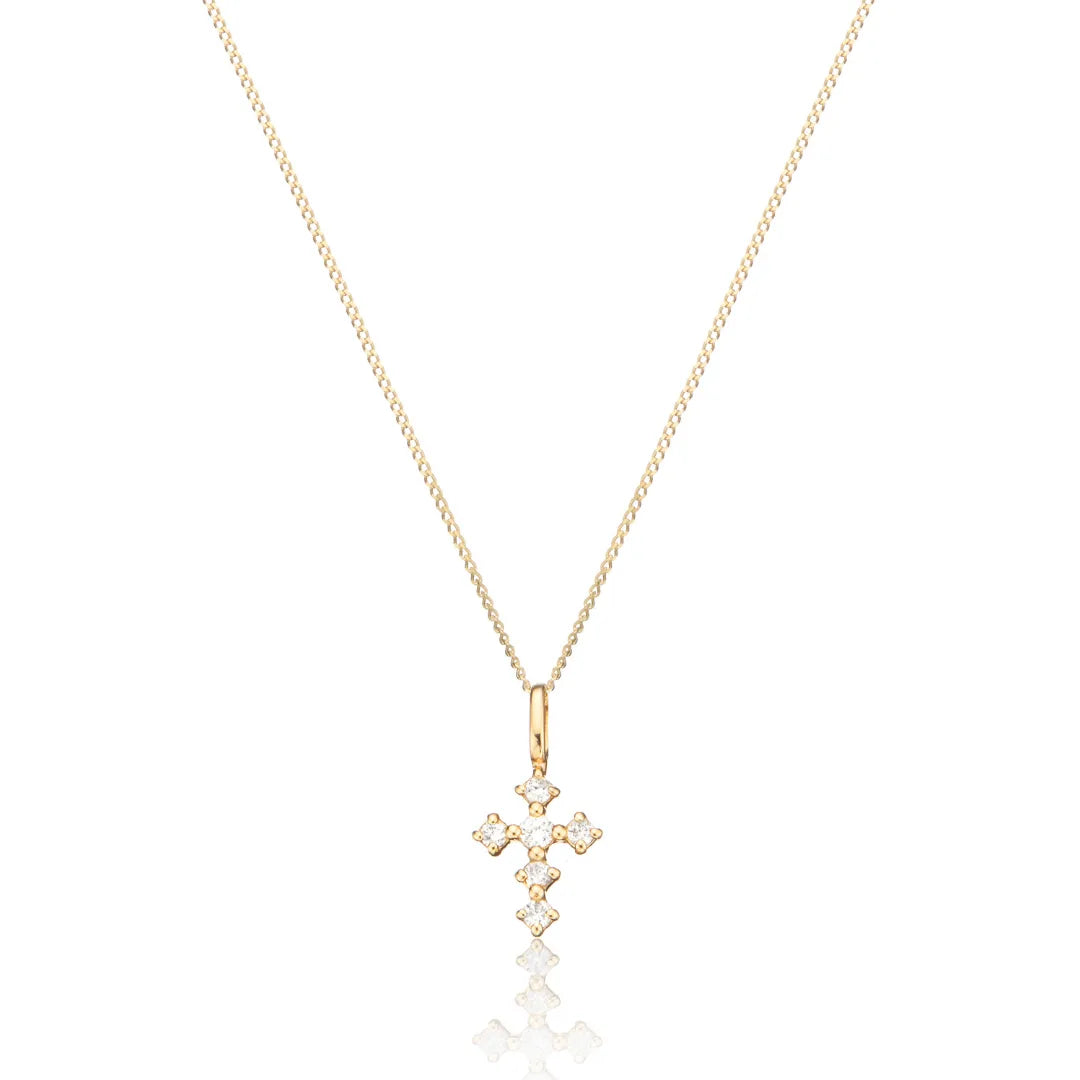 Solid Gold Brilliant Genuine Diamond Tiny Cross Necklace