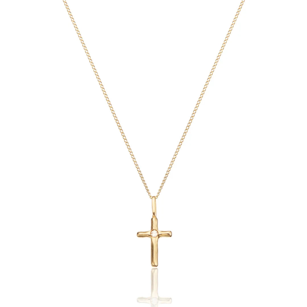 Solid Gold Single Genuine Diamond Tiny Cross Necklace