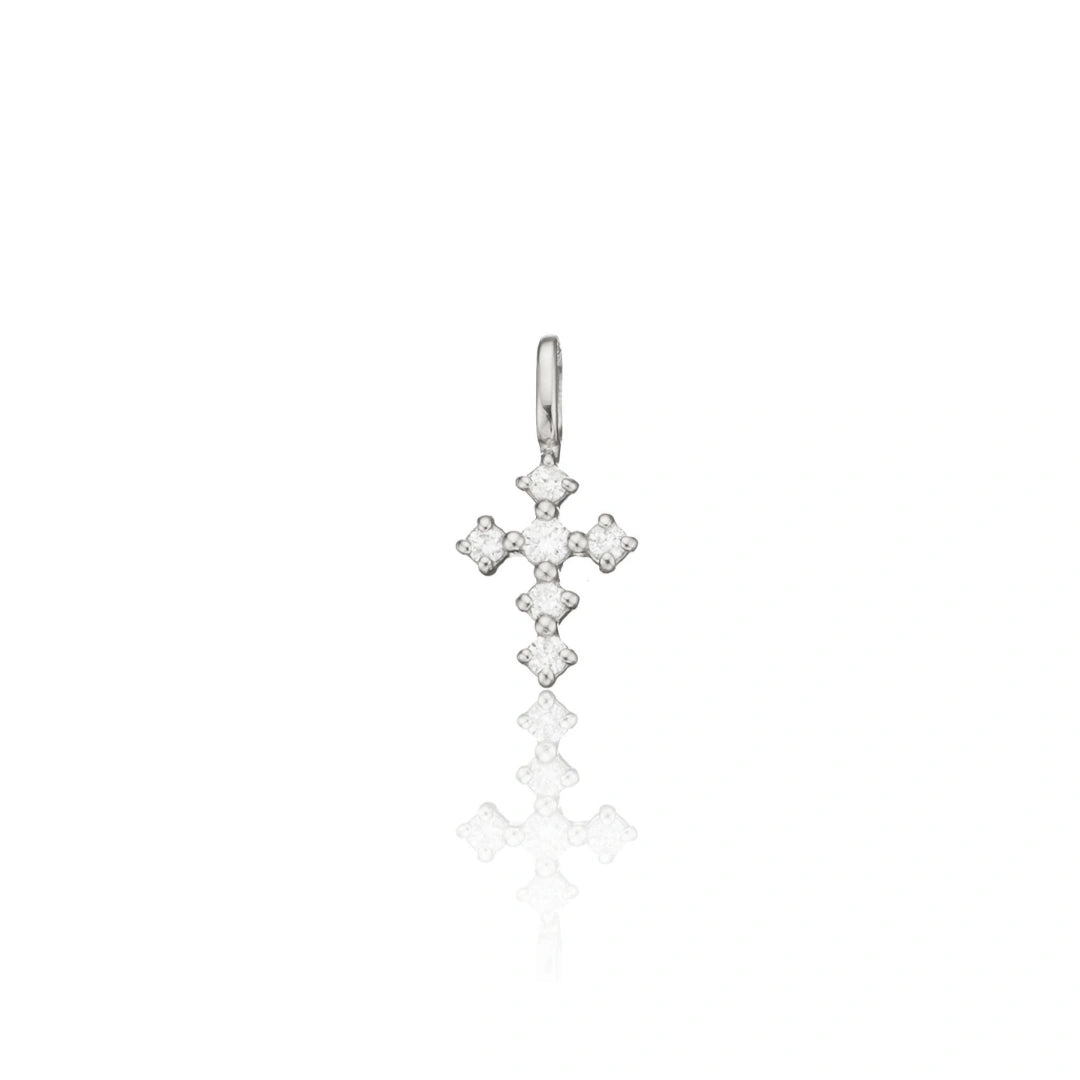 Solid White Gold Individual Brilliant Genuine Diamond Tiny Cross Charm
