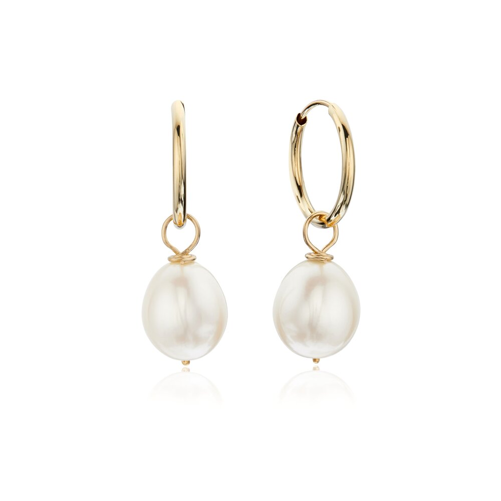 Solid Gold Large Pearl Drop Hoop Earrings – LILY ROO