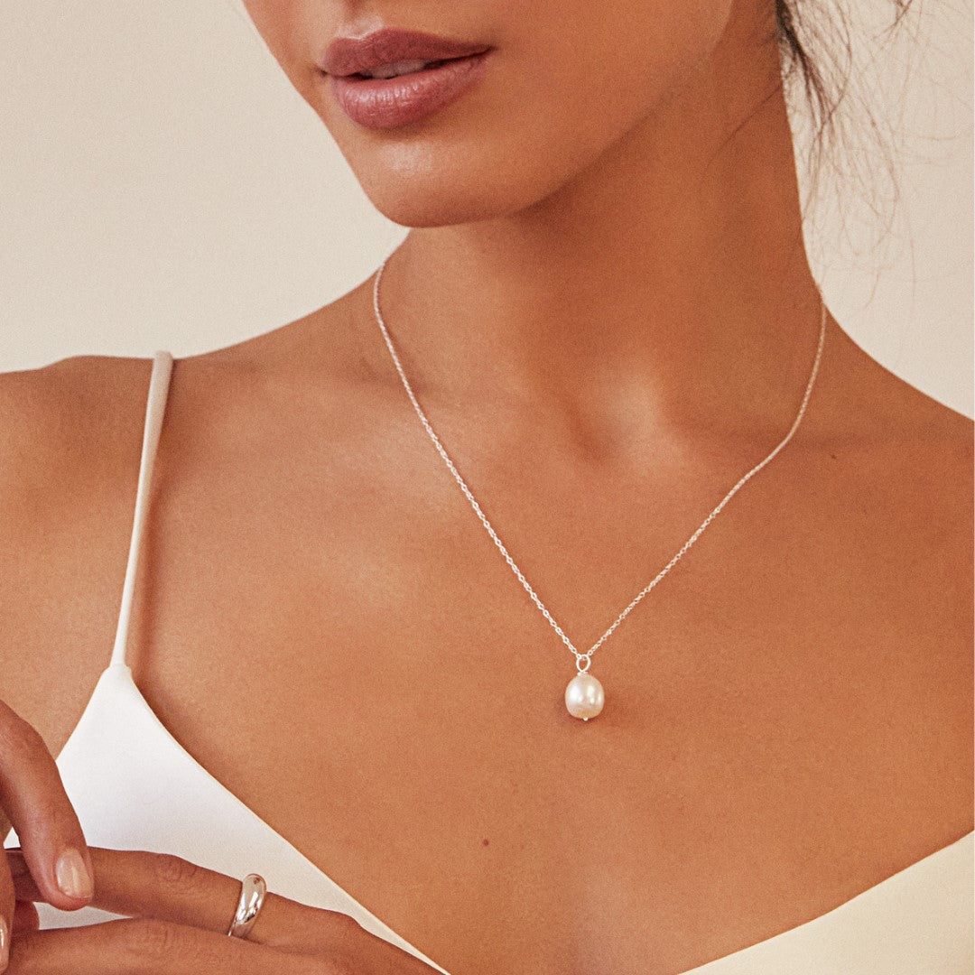 Silver Pearl Drop Huggies and Large Pearl Necklace Gift Set