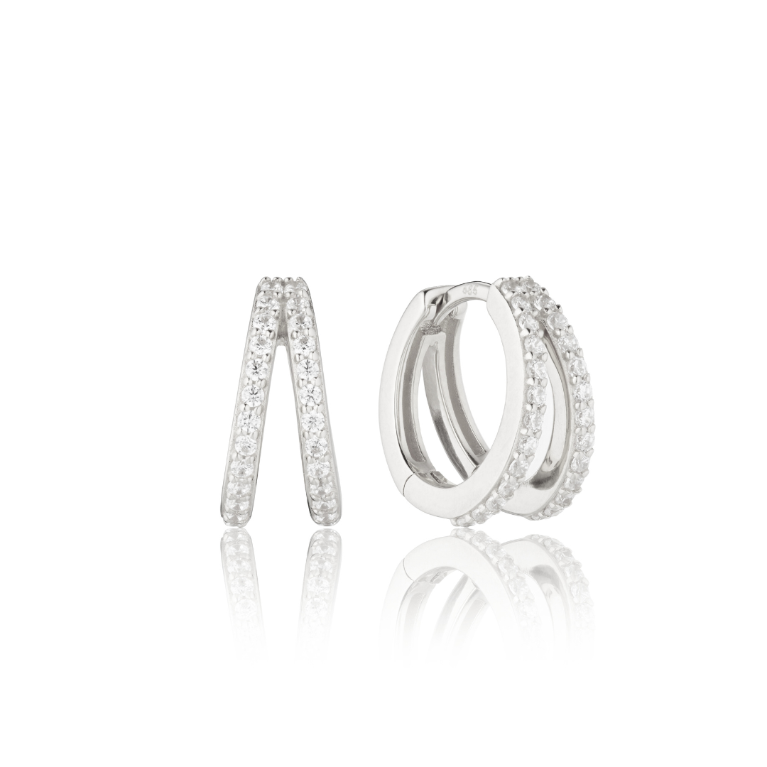 Silver Double Diamond Style Huggie Hoop Earrings